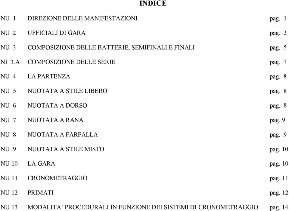 8 NU 5 NUOTATA A STILE LIBERO pag. 8 NU 6 NUOTATA A DORSO pag. 8 NU 7 NUOTATA A RANA pag. 9 NU 8 NUOTATA A FARFALLA pag.