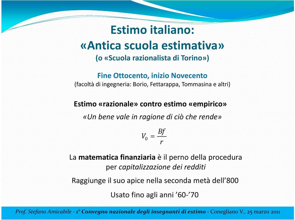 «empirico» «Un bene vale in ragione di ciò che rende» V 0 Bf r La matematica finanziaria è il perno della