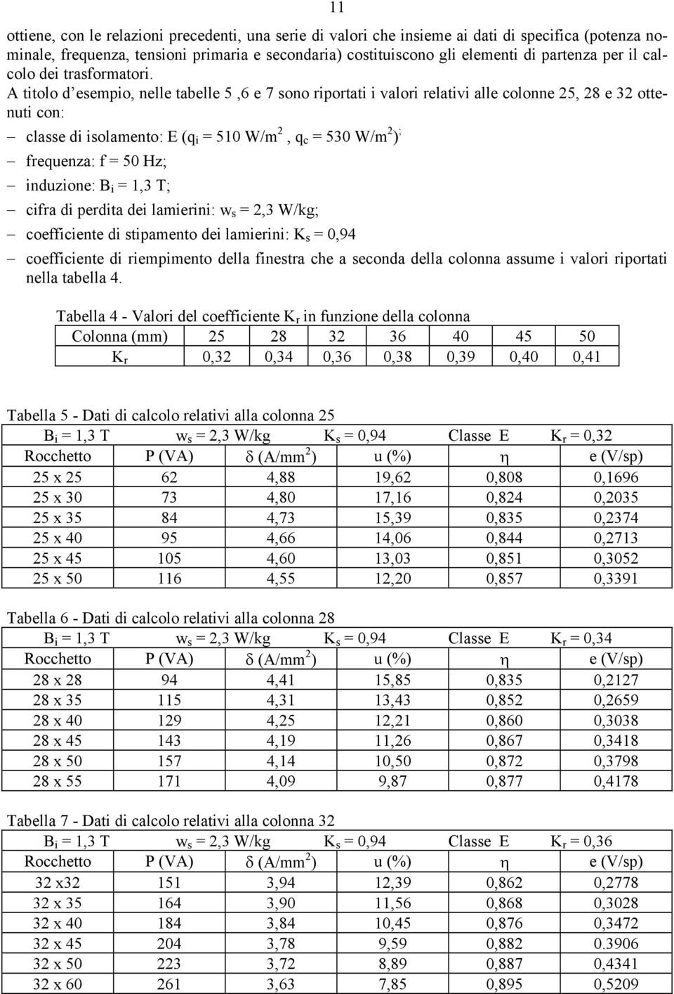 perdta de lamern: w =,3 W/kg; coeffcente d tpamento de lamern: = 0,9 coeffcente d rempmento della fnetra che a econda della colonna aume valor rportat nella tabella.