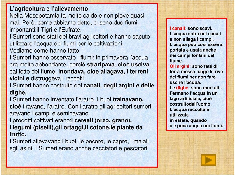 I Sumeri hanno osservato i fiumi: in primavera l acqua era molto abbondante, perciò straripava, cioè usciva dal letto del fiume, inondava, cioè allagava, i terreni vicini e distruggeva i raccolti.