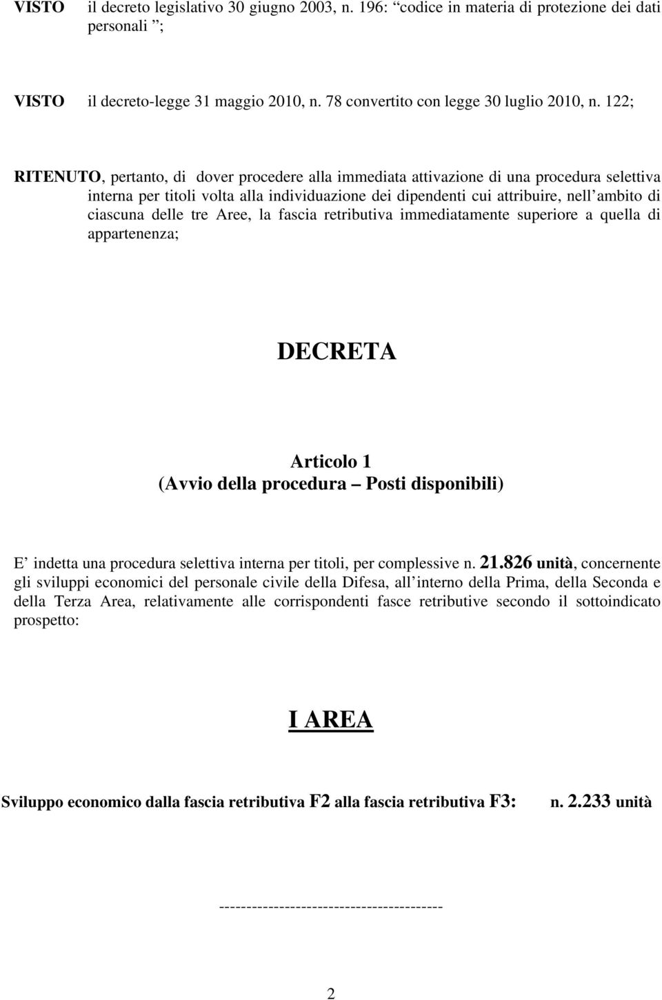 delle tre Aree, la fascia retributiva immediatamente superiore a quella di appartenenza; DECRETA Articolo 1 (Avvio della procedura Posti disponibili) E indetta una procedura selettiva interna per