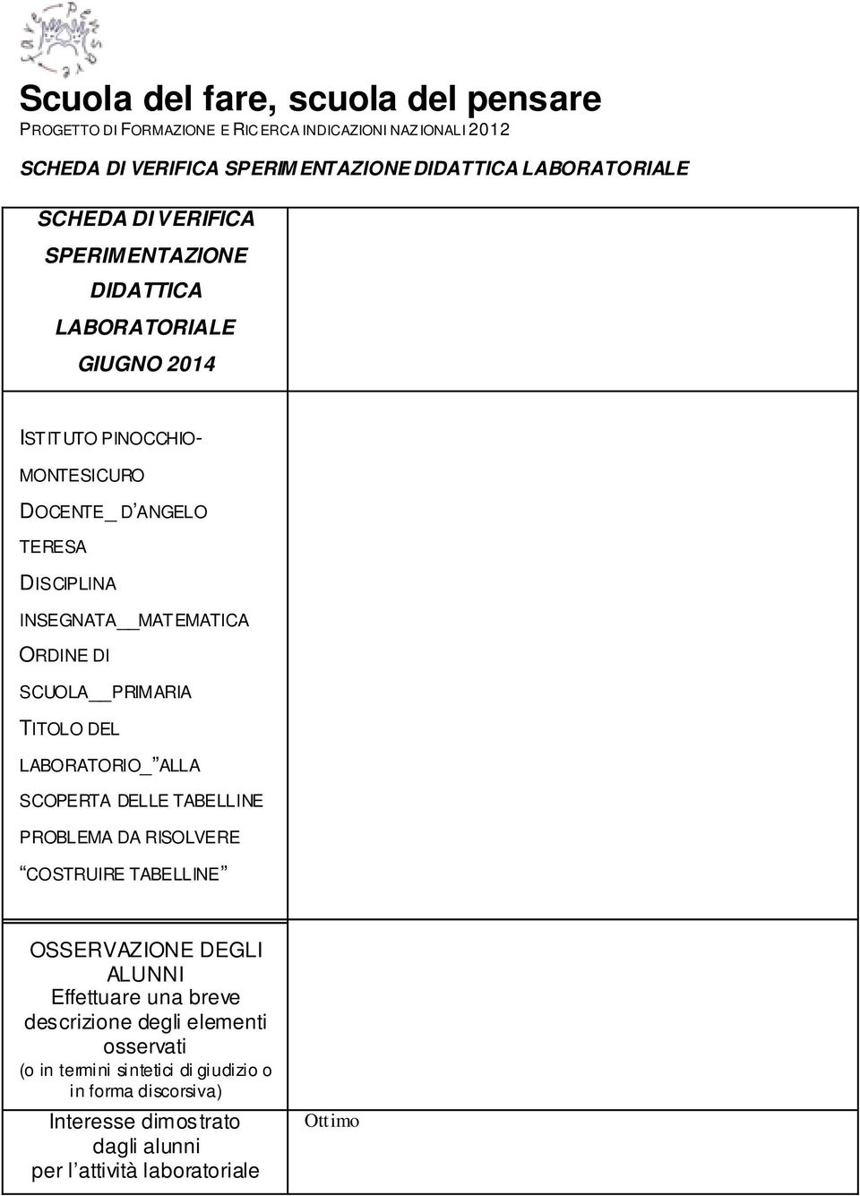 ORDINE DI SCUOLA PRIMARIA TITOLO DEL LABORATORIO_ ALLA SCOPERTA DELLE TABELLINE PROBLEMA DA RISOLVERE COSTRUIRE TABELLINE OSSERVAZIONE DEGLI ALUNNI Effettuare una