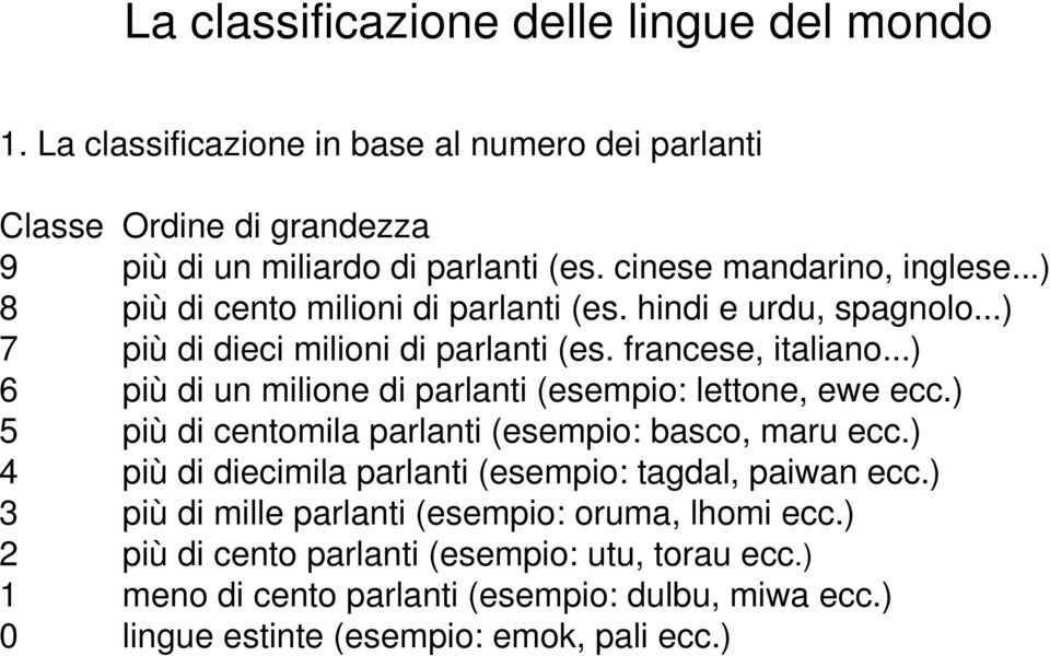 ..) 6 più di un milione di parlanti (esempio: lettone, ewe ecc.) 5 più di centomila parlanti (esempio: basco, maru ecc.