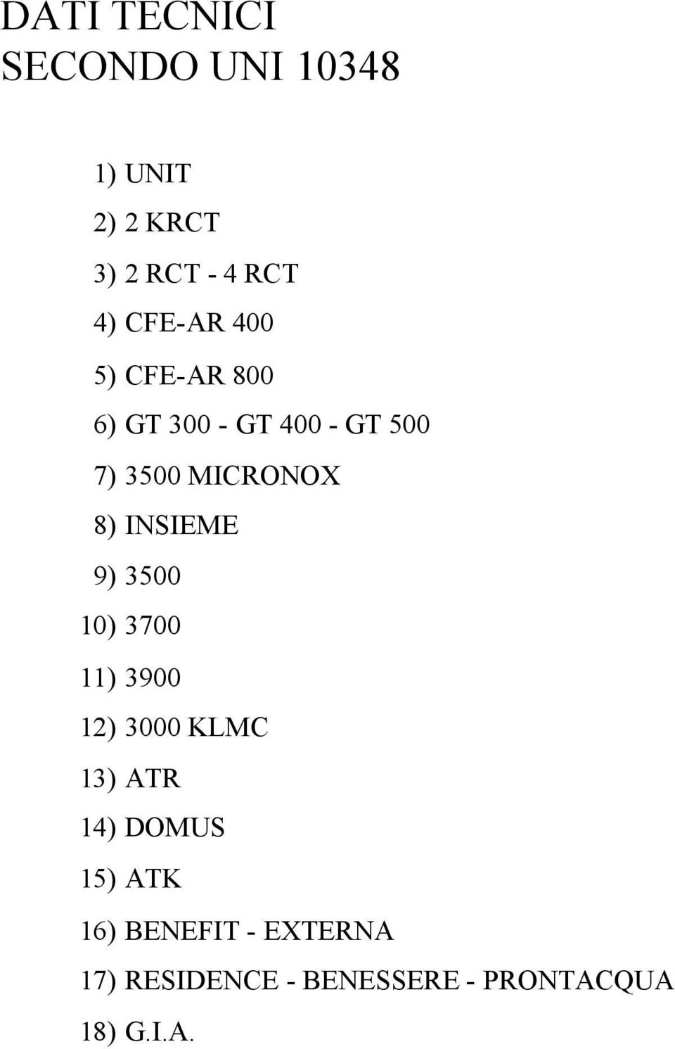 8) INSIEME 9) 3500 10) 3700 11) 3900 12) 3000 KLMC 13) ATR 14) DOMUS