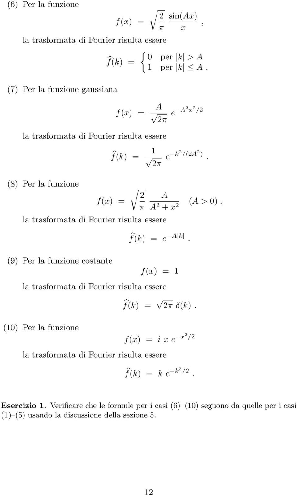 (8 Per la funzione f(x π la trasformata di Fourier risulta essere A A + x (A >, f(k e A k.