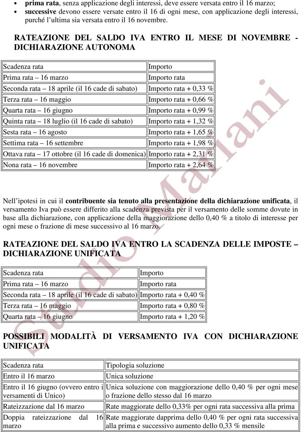 RATEAZIONE DEL SALDO IVA ENTRO IL MESE DI NOVEMBRE - DICHIARAZIONE AUTONOMA Scadenza rata Prima rata 16 marzo Importo Importo rata Seconda rata 18 aprile (il 16 cade di sabato) Importo rata + 0,33 %