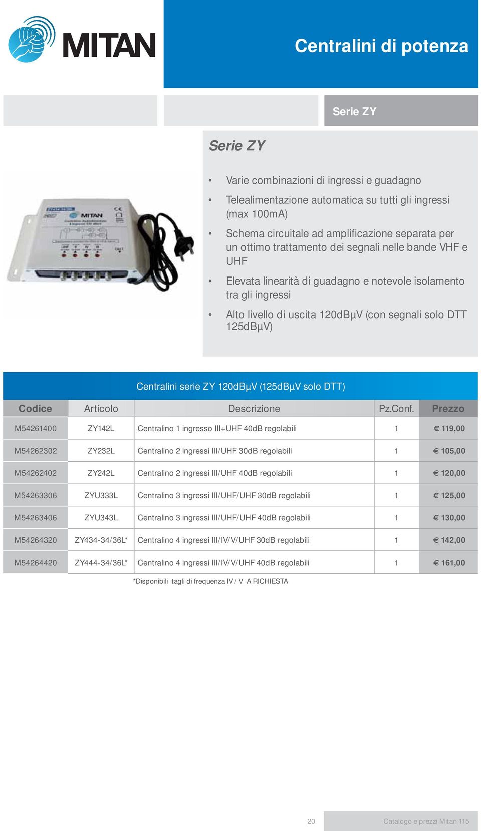 serie ZY 120dBµV (125dBµV solo DTT) M54261400 ZY142L Centralino 1 ingresso III+UHF 40dB regolabili 1 119,00 M54262302 ZY232L Centralino 2 ingressi III/UHF 30dB regolabili 1 105,00 M54262402 ZY242L