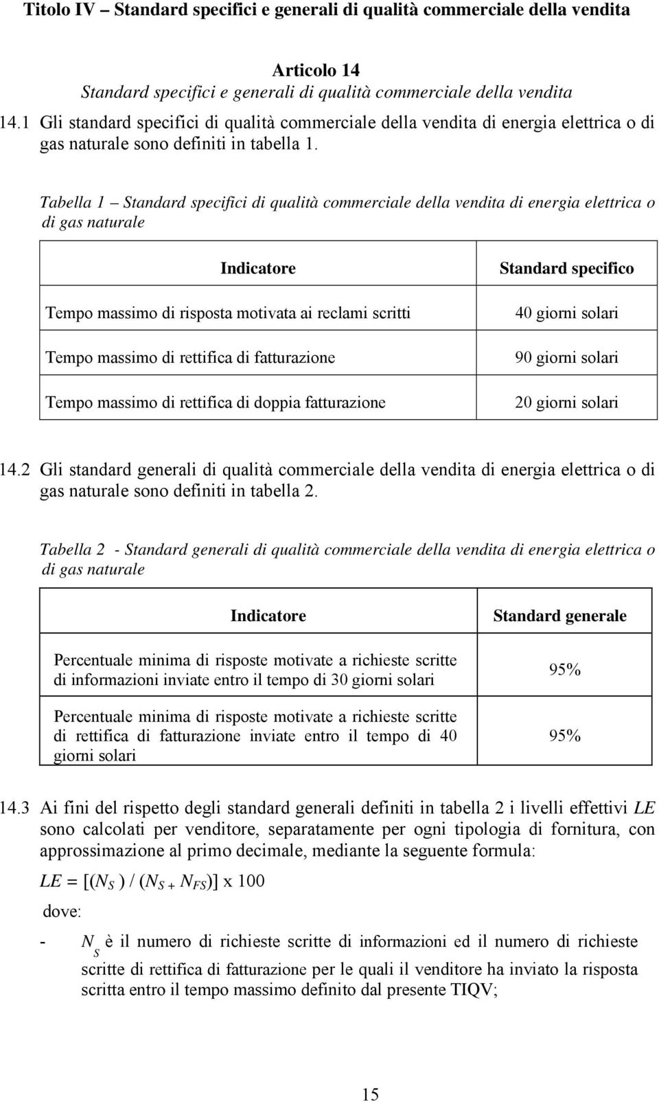 Tabella 1 Standard specifici di qualità commerciale della vendita di energia elettrica o di gas naturale Indicatore Tempo massimo di risposta motivata ai reclami scritti Tempo massimo di rettifica di