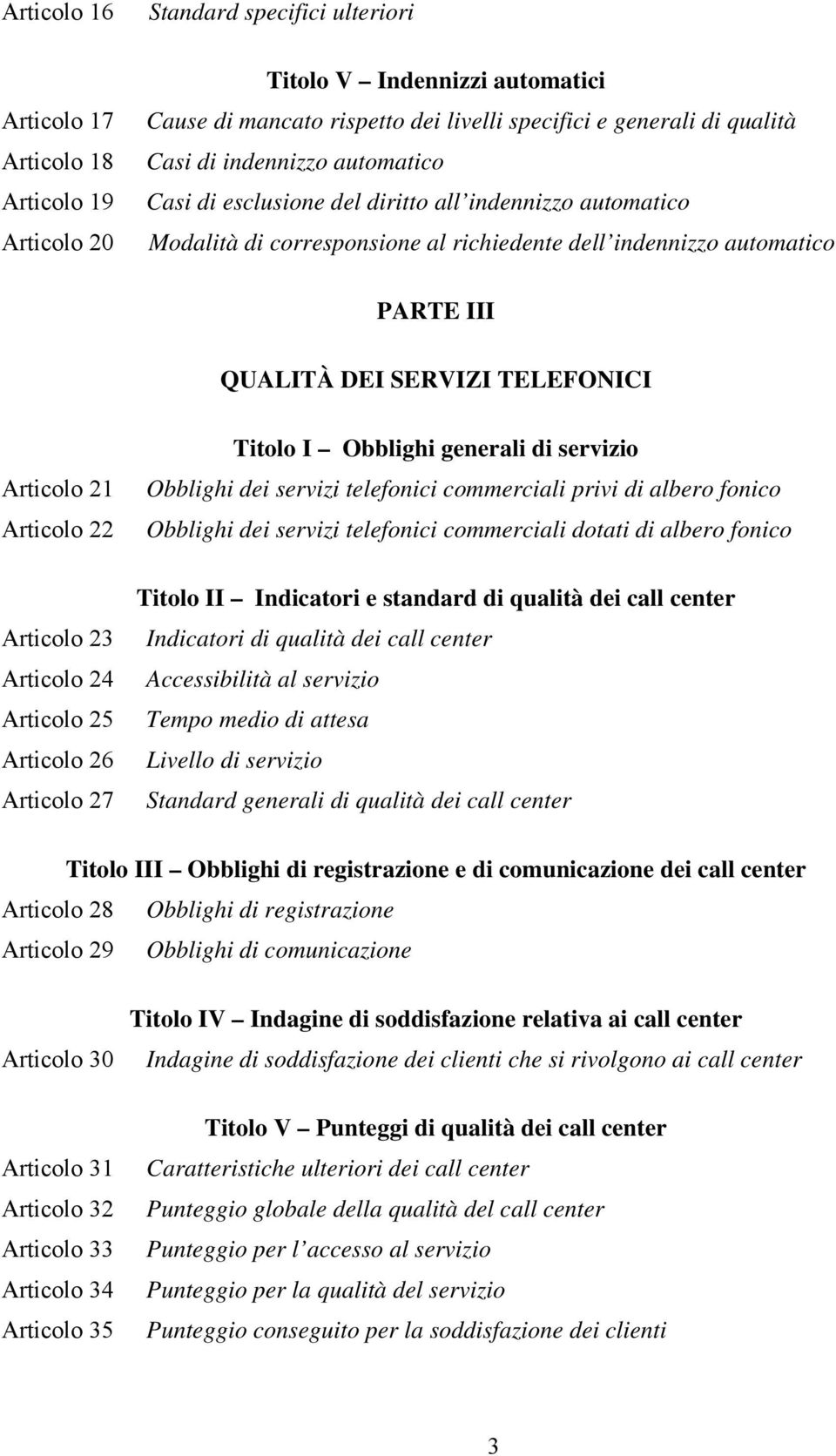 21 Articolo 22 Articolo 23 Articolo 24 Articolo 25 Articolo 26 Articolo 27 Titolo I Obblighi generali di servizio Obblighi dei servizi telefonici commerciali privi di albero fonico Obblighi dei