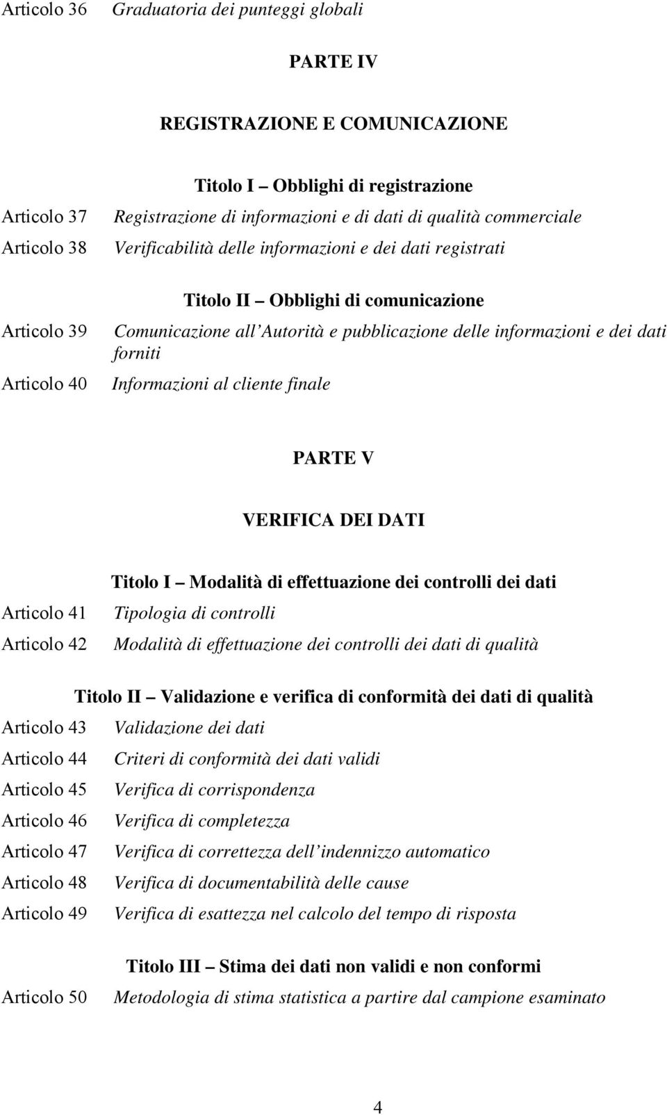 forniti Informazioni al cliente finale PARTE V VERIFICA DEI DATI Articolo 41 Articolo 42 Titolo I Modalità di effettuazione dei controlli dei dati Tipologia di controlli Modalità di effettuazione dei