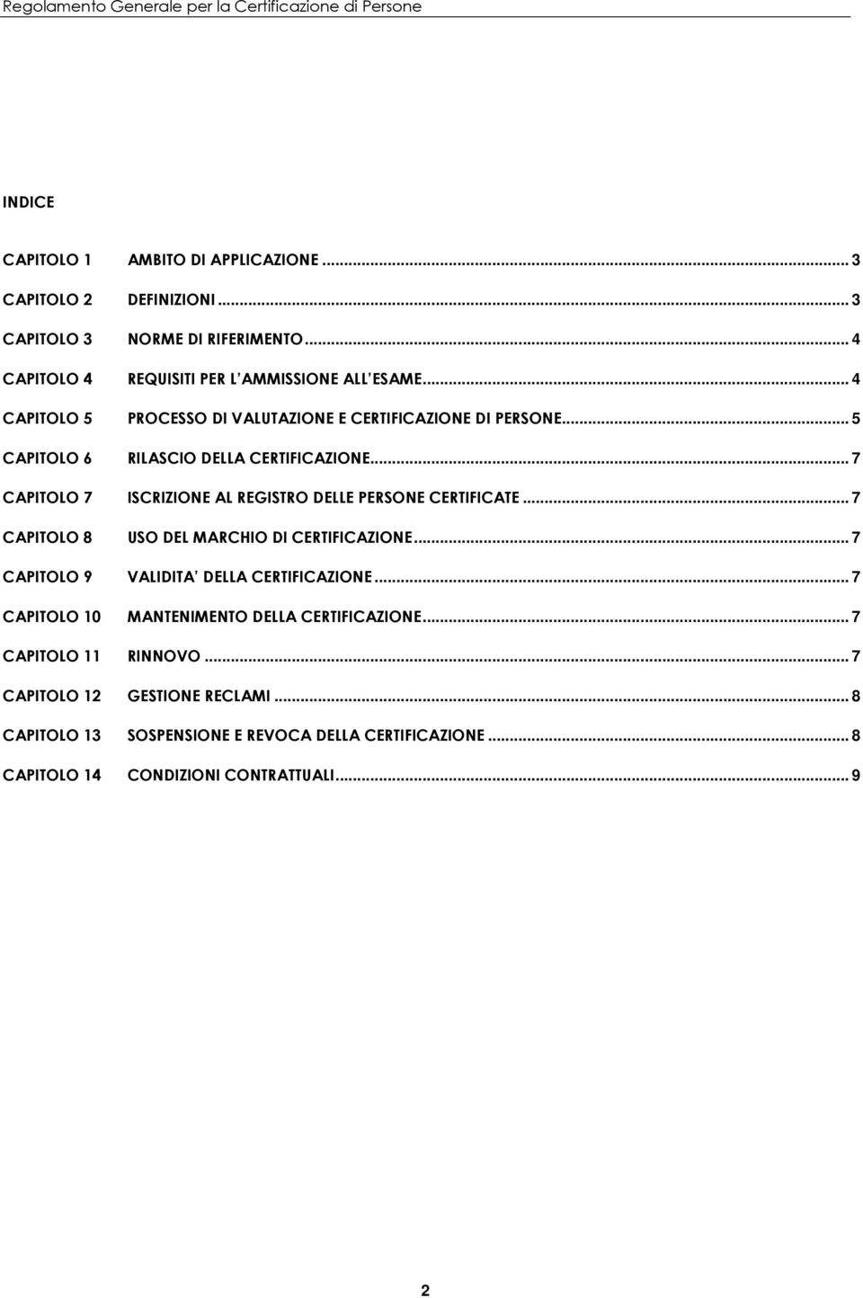 .. 7 CAPITOLO 7 ISCRIZIONE AL REGISTRO DELLE PERSONE CERTIFICATE... 7 CAPITOLO 8 USO DEL MARCHIO DI CERTIFICAZIONE... 7 CAPITOLO 9 VALIDITA DELLA CERTIFICAZIONE.