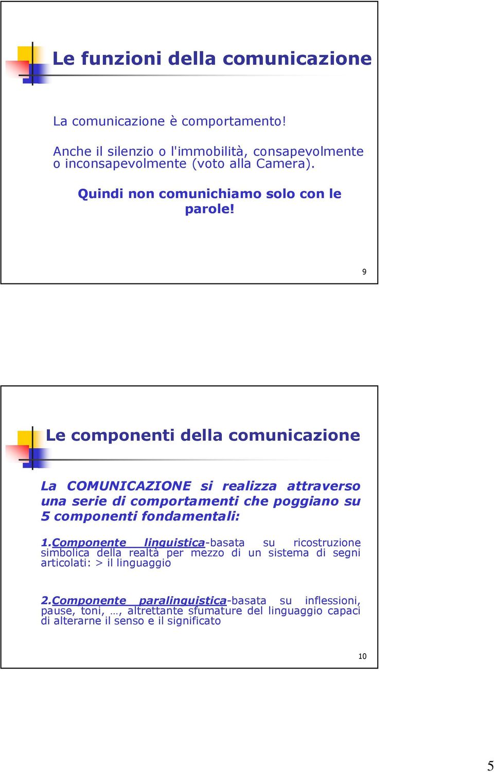 9 Le componenti della comunicazione La COMUNICAZIONE si realizza attraverso una serie di comportamenti che poggiano su 5 componenti fondamentali: 1.