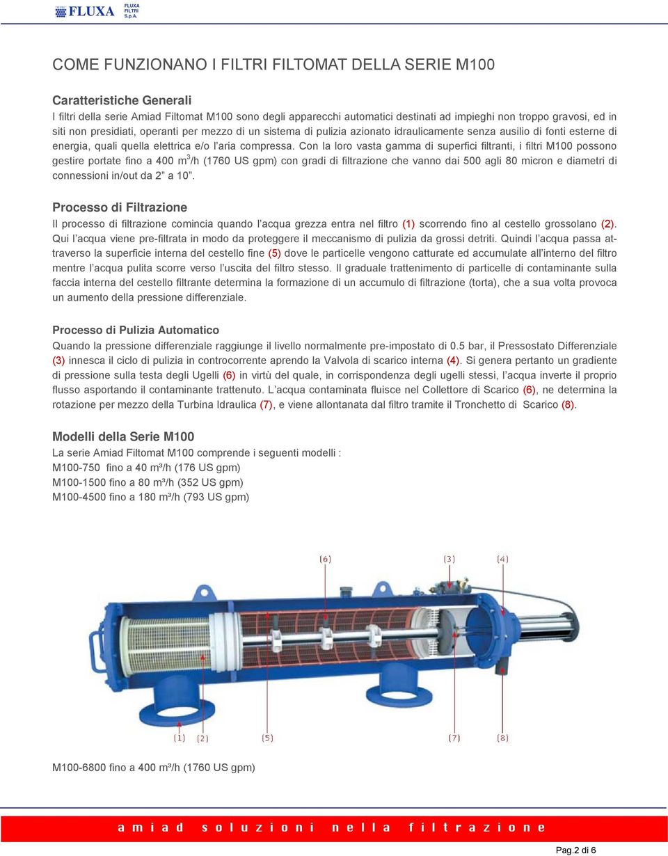 Con la loro vasta gamma di superfici filtranti, i filtri M100 possono gestire portate fino a 400 m 3 /h (1760 US gpm) con gradi di filtrazione che vanno dai 500 agli 80 micron e diametri di