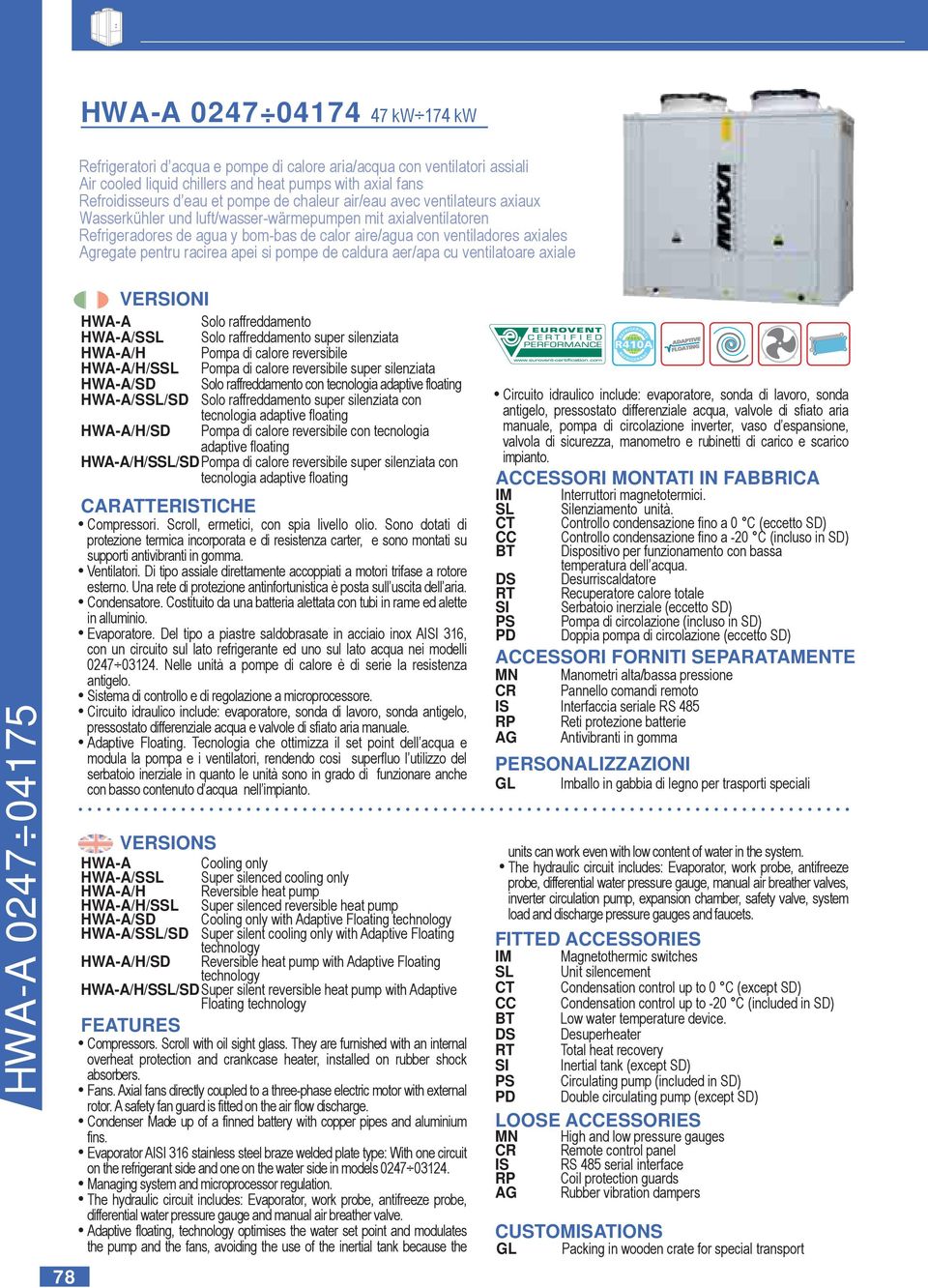 aer/apa cu ventilatoare axiale 78 VERSIONI HWA-A Solo raffreddamento HWA-A/SSL Solo raffreddamento super silenziata HWA-A/H Pompa di calore reversibile HWA-A/H/SSL Pompa di calore reversibile super