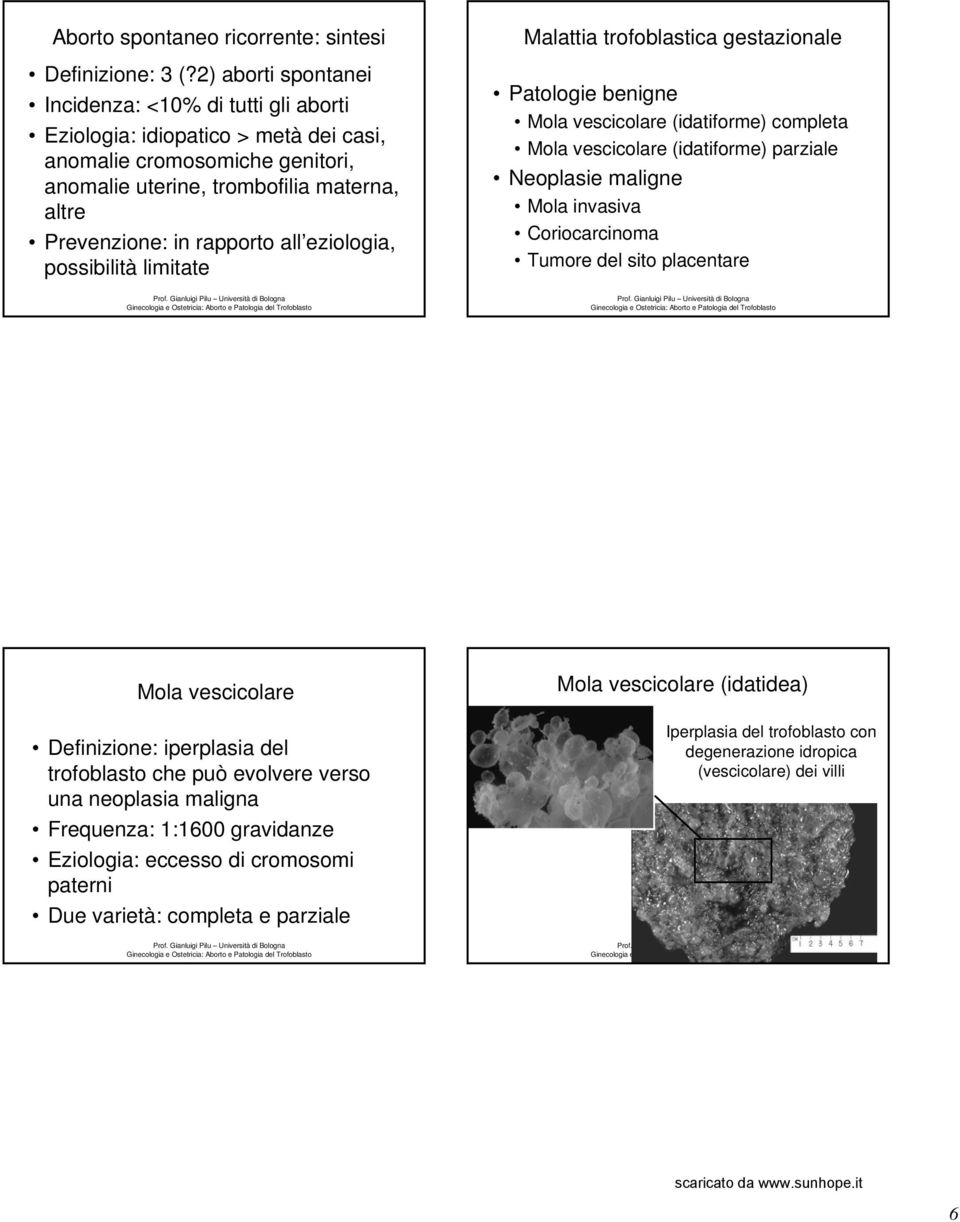 all eziologia, possibilità limitate Malattia trofoblastica gestazionale Patologie benigne Mola vescicolare (idatiforme) completa Mola vescicolare (idatiforme) parziale Neoplasie maligne Mola invasiva