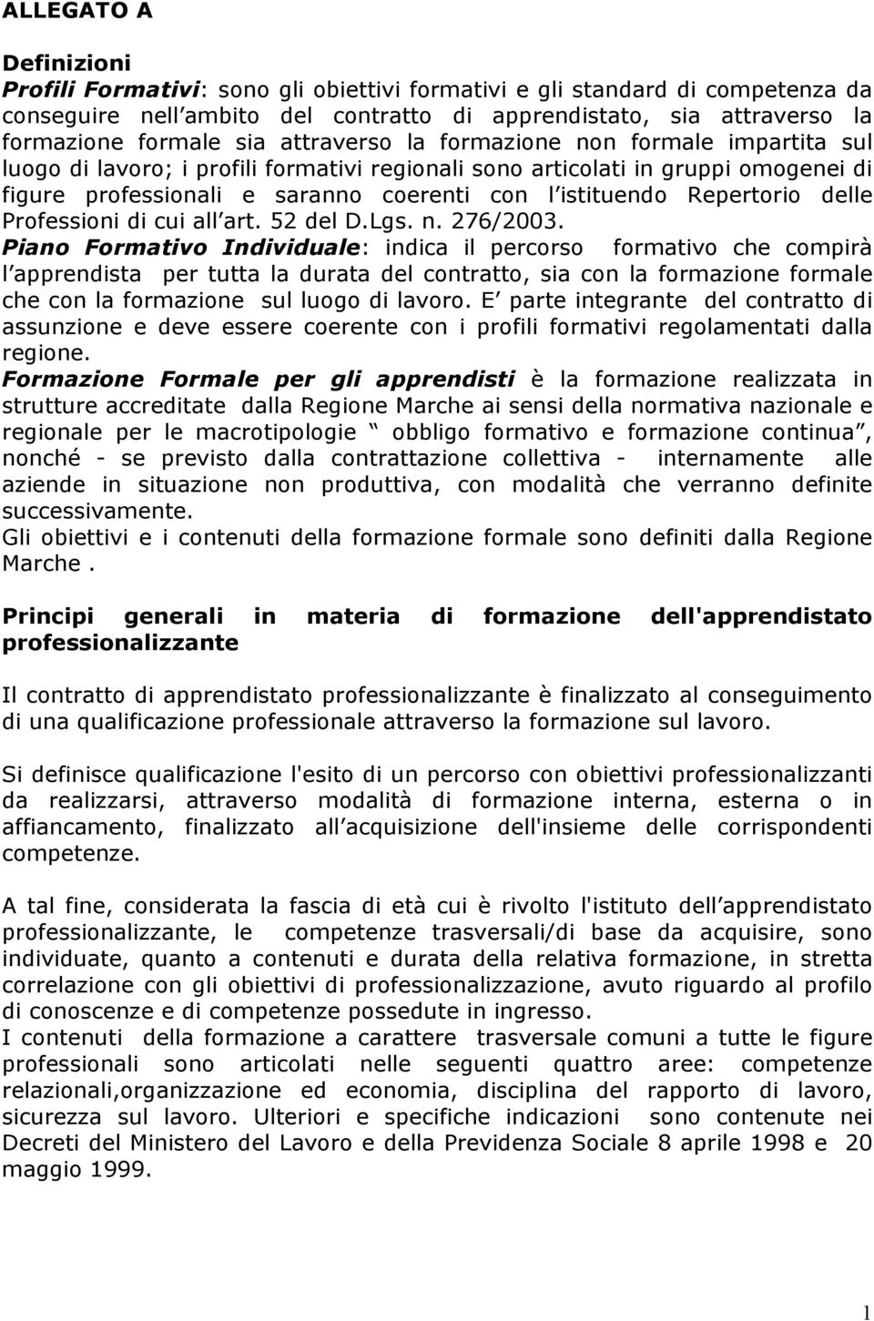 Repertorio delle Professioni di cui all art. 52 del D.Lgs. n. 276/2003.