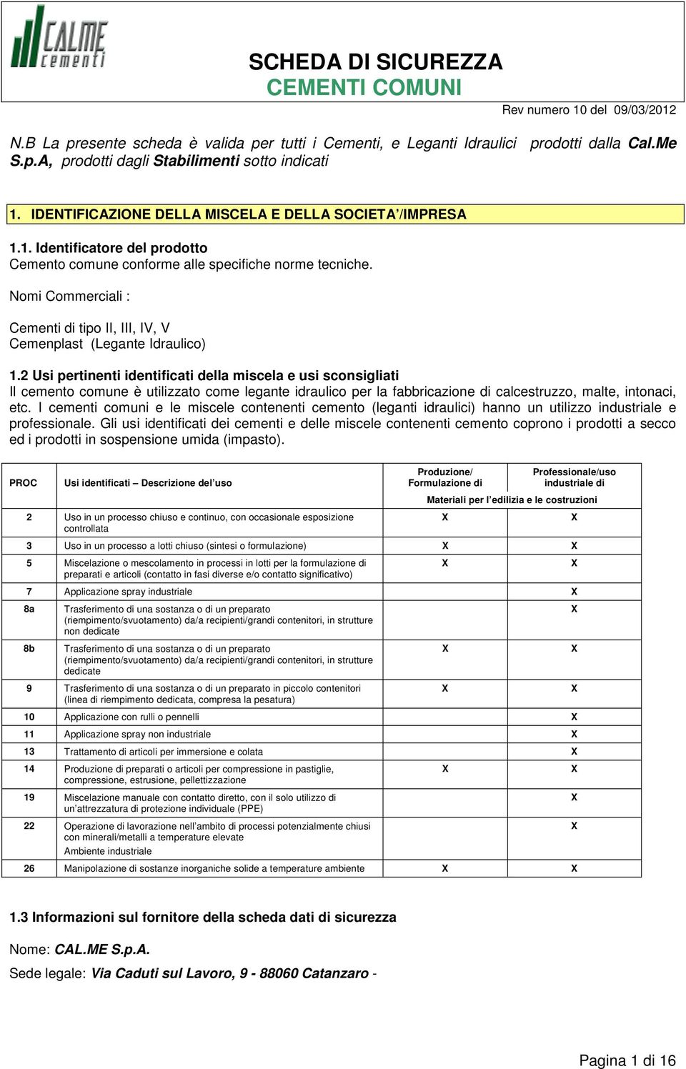 2 Usi pertinenti identificati della miscela e usi scnsigliati Il cement cmune è utilizzat cme legante idraulic per la fabbricazine di calcestruzz, malte, intnaci, etc.