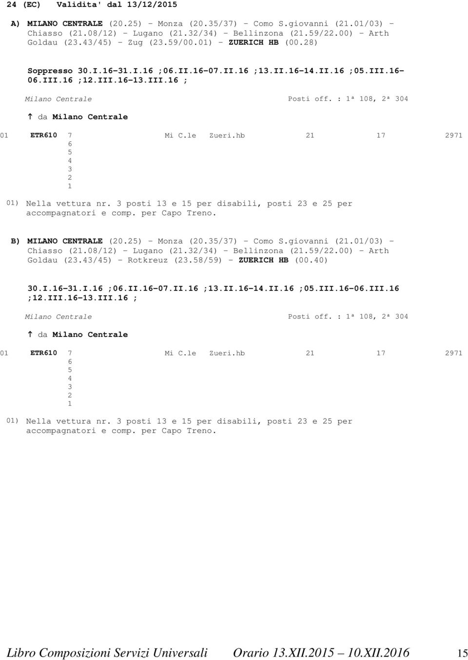 : 1ª 108, 2ª 304 da Milano Centrale 01 ETR610 7 Mi C.le Zueri.hb 21 17 2971 6 5 4 3 2 1 01) Nella vettura nr. 3 posti 13 e 15 per disabili, posti 23 e 25 per accompagnatori e comp. per Capo Treno.