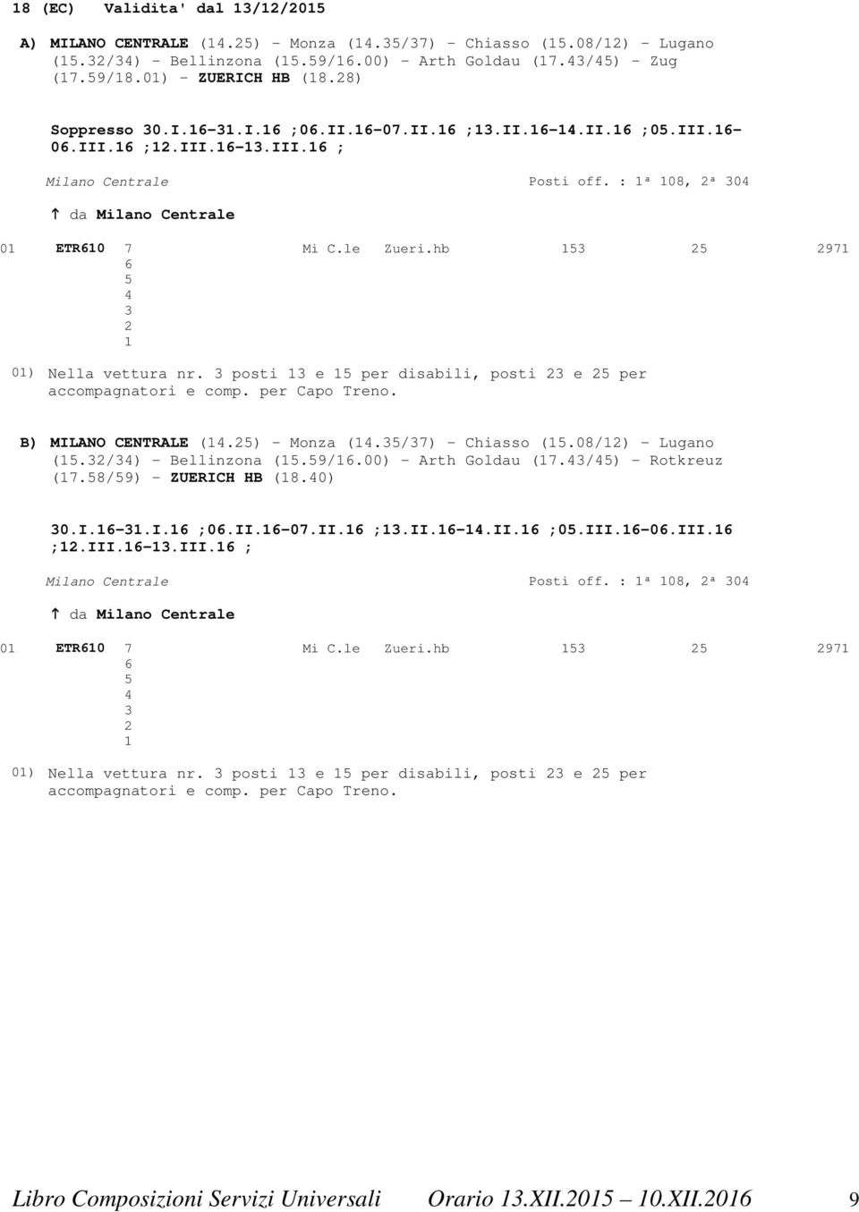 : 1ª 108, 2ª 304 da Milano Centrale 01 ETR610 7 Mi C.le Zueri.hb 153 25 2971 6 5 4 3 2 1 01) Nella vettura nr. 3 posti 13 e 15 per disabili, posti 23 e 25 per accompagnatori e comp. per Capo Treno.