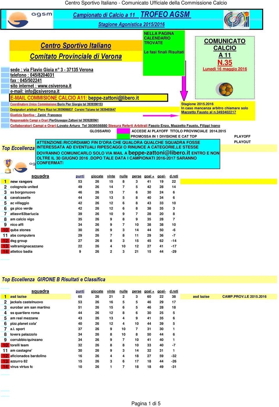 3939086837 Corsini Tiziano tel 3939493647 Giustizia Sportiva : Zanini Francesco Responsabile Campi e Orari:PierGiuseppe Zattoni tel 3939285961 Campionato di Calcio a 11 TROFEO AGSM Centro Sportivo