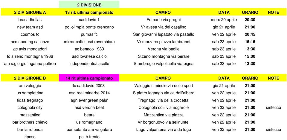 marzana piazza lambrandi sab 23 aprile 15:15 gc avis mondadori ac benaco 1989 Verona via badile sab 23 aprile 13:30 fc s.zeno montagna 1966 asd lovatese calcio S.