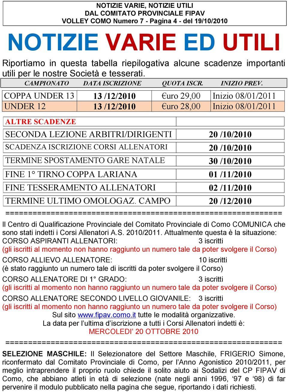 - Pagina 4 - del 19/10/2010 SECONDA LEZIONE ARBITRI/DIRIGENTI 20 /10/2010 SCADENZA ISCRIZIONE CORSI ALLENATORI 20 /10/2010 TERMINE SPOSTAMENTO GARE NATALE 30 /10/2010 FINE 1 TIRNO COPPA LARIANA 01