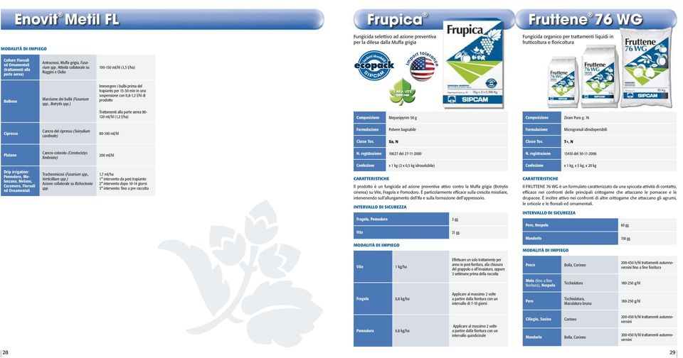 Attività collaterale su Ruggini e Oidio 100-150 ml/hl (1,5 l/ha) Sacchetti idrosolubili Import tolerance Bulbose Marciume dei bulbi (Fusarium spp., Botrytis spp.