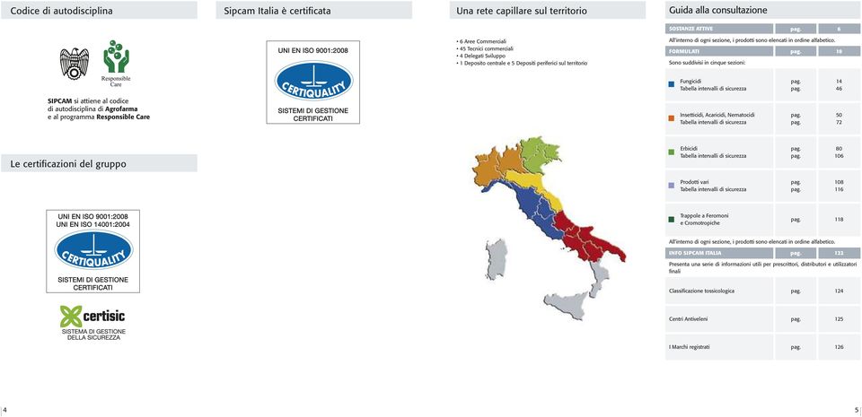 FORMULATI pag. 10 Sono suddivisi in cinque sezioni: Fungicidi Tabella intervalli di sicurezza pag. pag. 14 46 SiPcam si attiene al codice di autodisciplina di agrofarma e al programma responsible care Insetticidi, Acaricidi, Nematocidi Tabella intervalli di sicurezza pag.