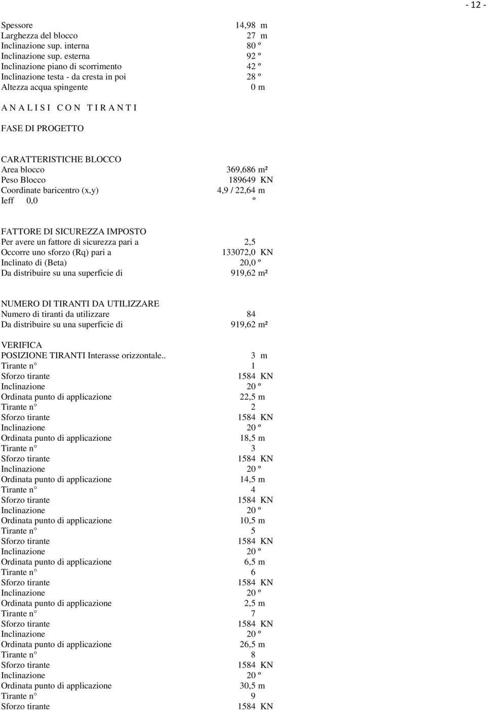 Area blocco 369,686 m² Peso Blocco 189649 KN Coordinate baricentro (x,y) 4,9 / 22,64 m Ieff 0,0 º FATTORE DI SICUREZZA IMPOSTO Per avere un fattore di sicurezza pari a 2,5 Occorre uno sforzo (Rq)