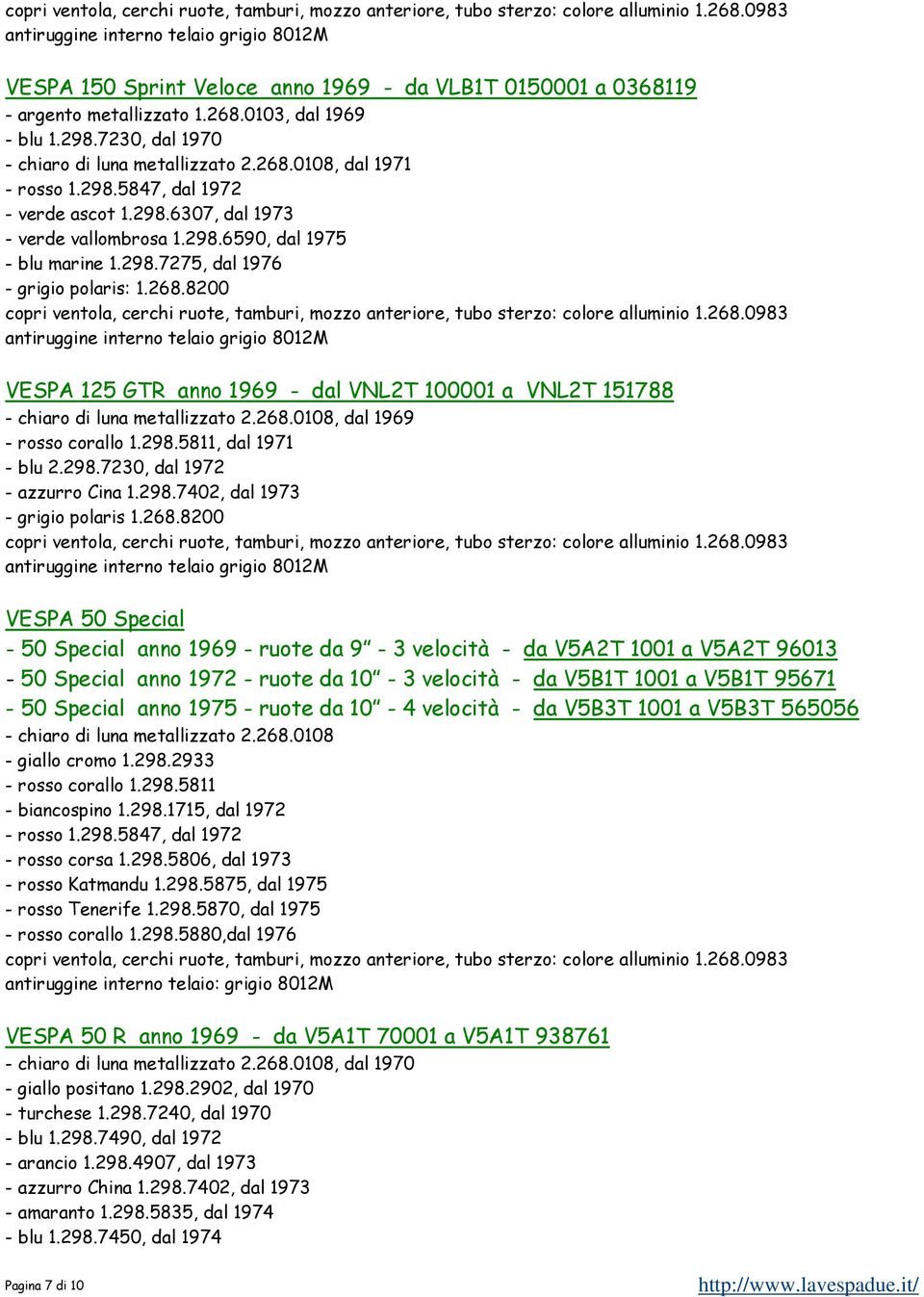 8200 VESPA 125 GTR anno 1969 - dal VNL2T 100001 a VNL2T 151788 - chiaro di luna metallizzato 2.268.0108, dal 1969 - rosso corallo 1.298.5811, dal 1971 - blu 2.298.7230, dal 1972 - azzurro Cina 1.298.7402, dal 1973 - grigio polaris 1.