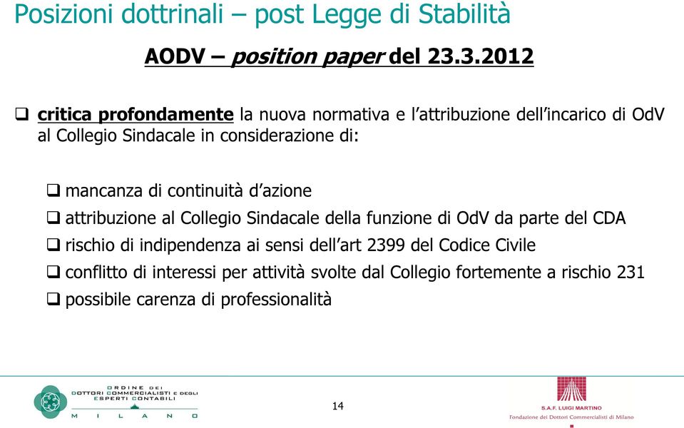 considerazione di: mancanza di continuità d azione attribuzione al Collegio Sindacale della funzione di OdV da parte del CDA