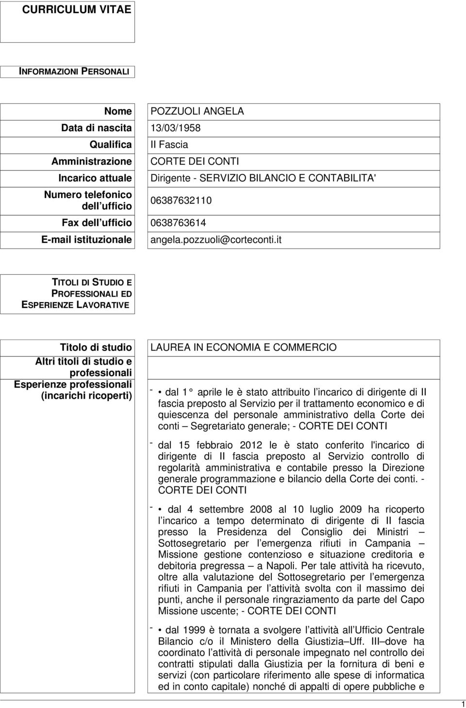 it TITOLI DI STUDIO E PROFESSIONALI ED ESPERIENZE LAVORATIVE Titolo di studio Altri titoli di studio e professionali Esperienze professionali (incarichi ricoperti) LAUREA IN ECONOMIA E COMMERCIO -