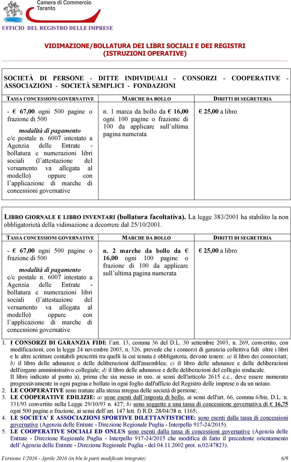 6007 intestato a Agenzia delle Entrate - bollatura e numerazioni libri sociali (l attestazione del versamento va allegata al modello) oppure con l applicazione di marche di concessioni governative n.