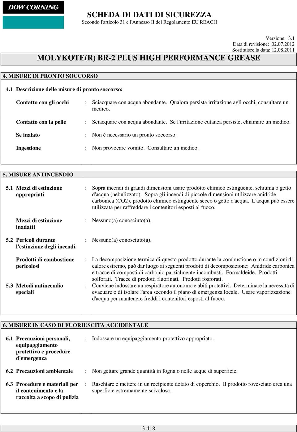 Consultare un medico. 5. MISURE ANTINCENDIO 5.1 Mezzi di estinzione appropriati Mezzi di estinzione inadatti 5.2 Pericoli durante l'estinzione degli incendi. Prodotti di combustione pericolosi 5.