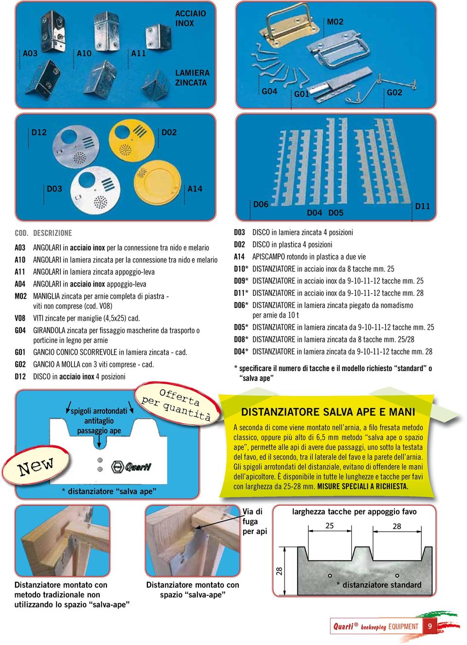 V08) V08 VITI zincate per maniglie (4,5x25) cad. G04 GIRANDOLA zincata per fissaggio mascherine da trasporto o porticine in legno per arnie G01 GANCIO CONICO SCORREVOLE in lamiera zincata - cad.