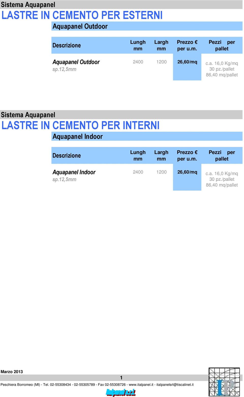 /pallet 86,40 mq/pallet Sistema Aquapanel LASTRE IN CEMENTO PER INTERNI Aquapanel