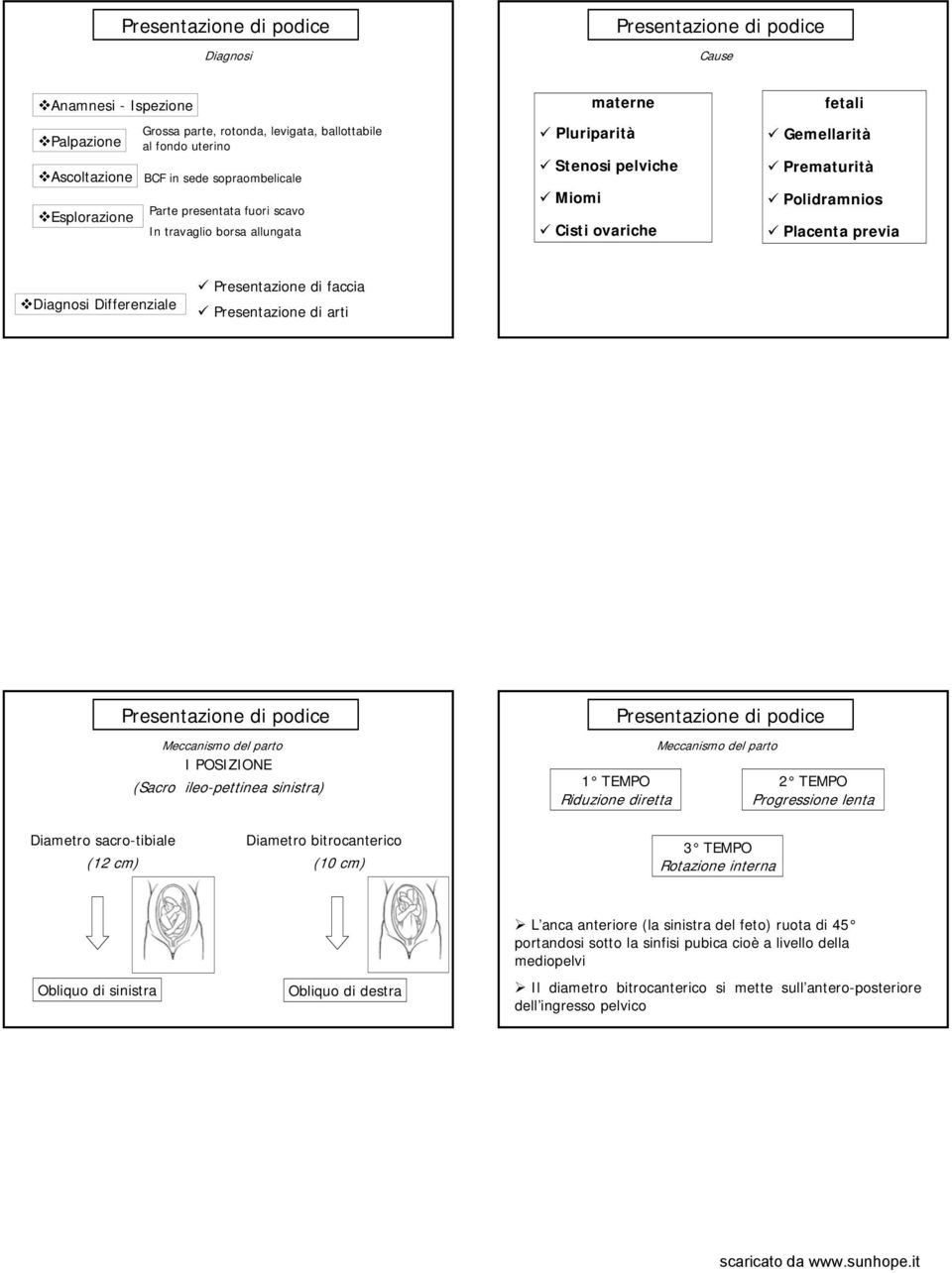 Diagnosi Differenziale Presentazione di faccia Presentazione di arti Presentazione di podice Meccanismo del parto I POSIZIONE (Sacro ileo-pettinea sinistra) Diametro sacro-tibiale Diametro