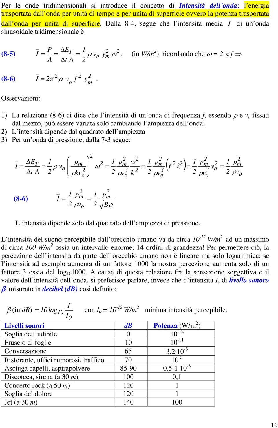 Osservazini: ) La relazine (8-6) ci dice che l intensità di un nda di frequenza f, essend ρ e v fissati dal ezz, può essere variata sl cabiand l apiezza dell nda.