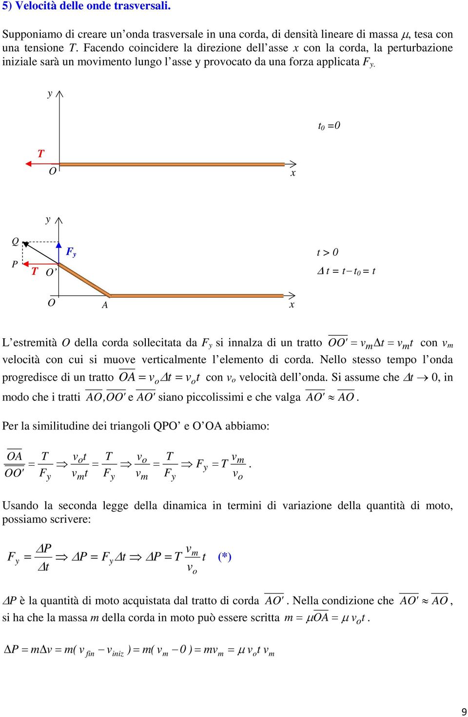 y t 0 =0 T O x y Q P T O F y t > 0 Δ t = t t 0 = t O A x L estreità O della crda sllecitata da F y si innalza di un tratt OO' = v Δt = vt cn v velcità cn cui si uve verticalente l eleent di crda.