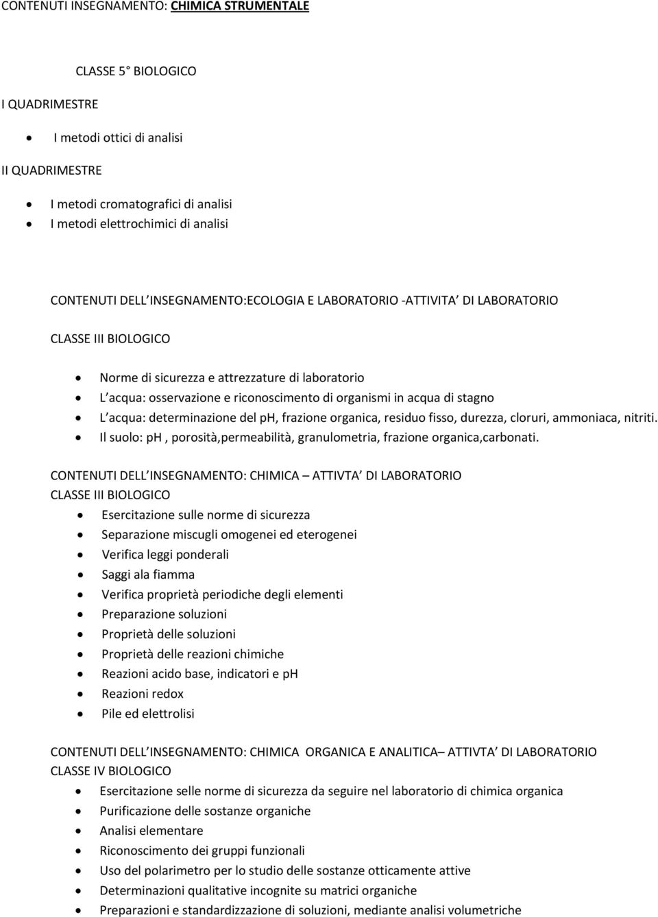 determinazione del ph, frazione organica, residuo fisso, durezza, cloruri, ammoniaca, nitriti. Il suolo: ph, porosità,permeabilità, granulometria, frazione organica,carbonati.