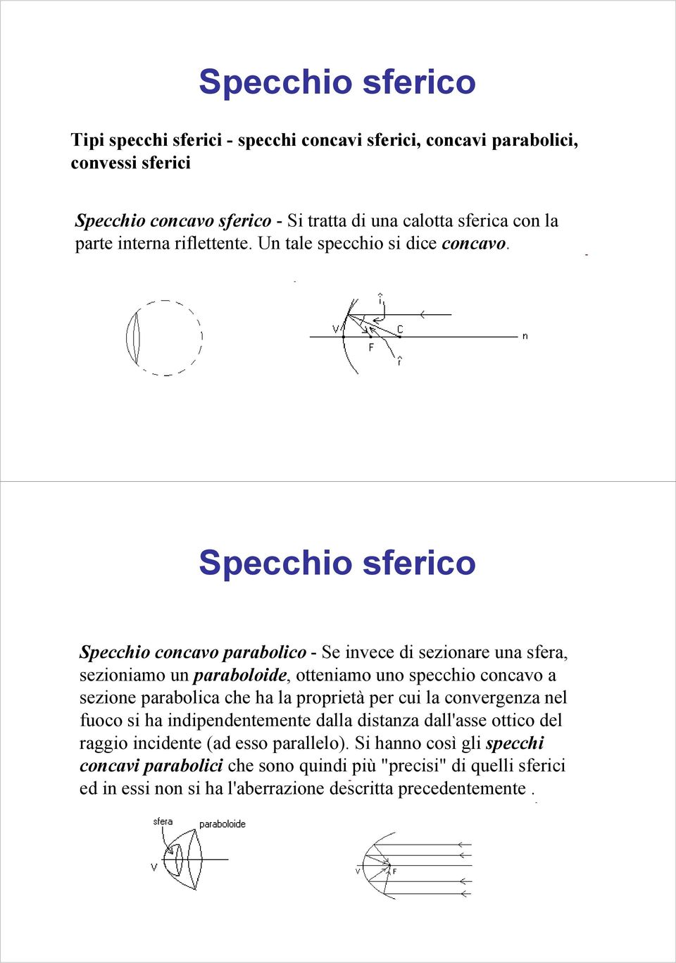 Specchio sferico Specchio concavo parabolico - Se invece di sezionare una sfera, sezioniamo un paraboloide, otteniamo uno specchio concavo a sezione parabolica che ha la