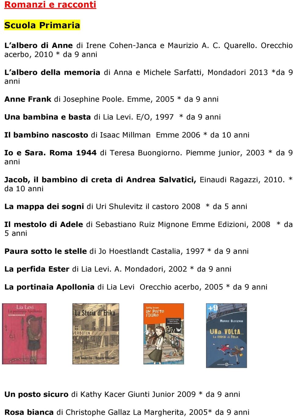 E/O, 1997 * da 9 Il bambino nascosto di Isaac Millman Emme 2006 * da 10 Io e Sara. Roma 1944 di Teresa Buongiorno.