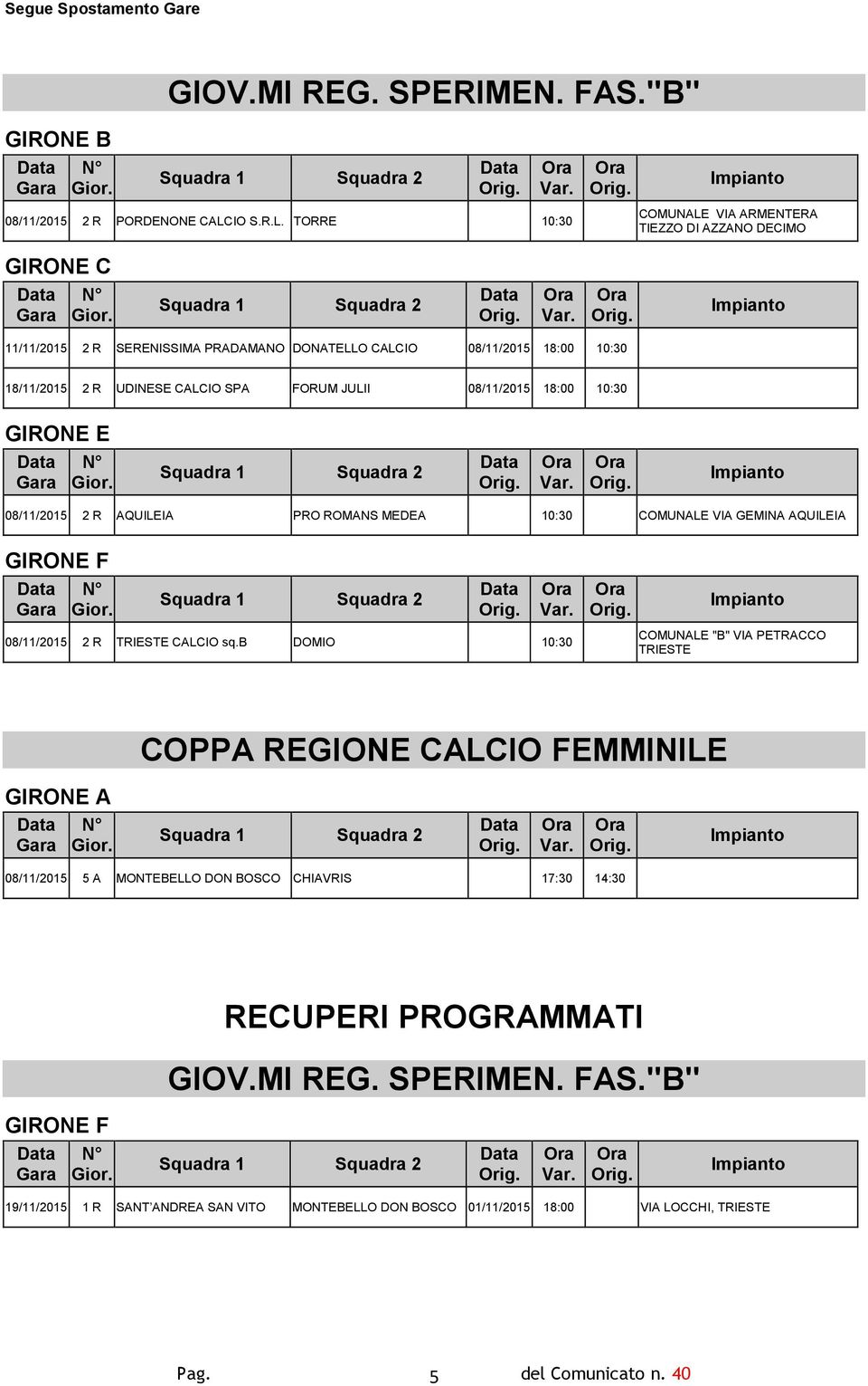 TORRE 10:30 COMUNALE VIA ARMENTERA TIEZZO DI AZZANO DECIMO GIRONE C 11/11/2015 2 R SERENISSIMA PRADAMANO DONATELLO CALCIO 08/11/2015 18:00 10:30 18/11/2015 2 R UDINESE CALCIO SPA