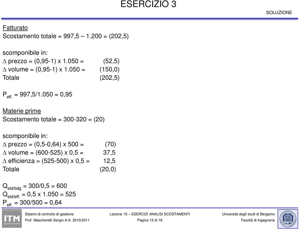 050 = 0,95 Materie prime Scostamento totale = 300-320 = (20) scomponibile in: prezzo = (0,5-0,64) x 500 = (70) volume =