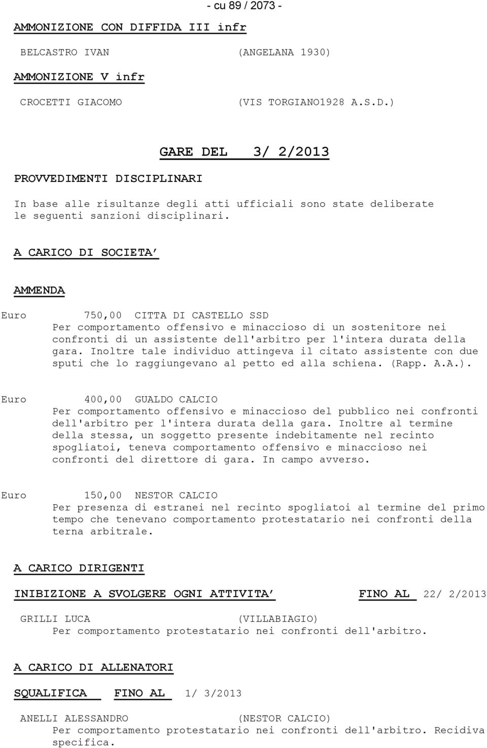 Inoltre tale individuo attingeva il citato assistente con due sputi che lo raggiungevano al petto ed alla schiena. (Rapp. A.A.).