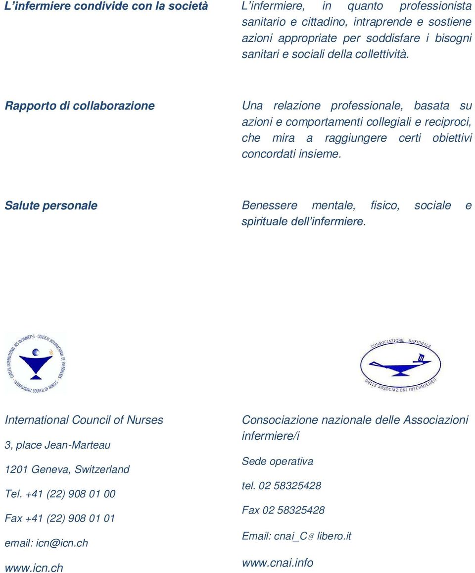 Salute personale Benessere mentale, fisico, sociale e International Council of Nurses 3, place Jean-Marteau 1201 Geneva, Switzerland Tel.