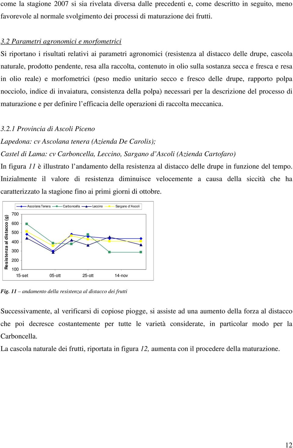 in olio sulla sostanza secca e fresca e resa in olio reale) e morfometrici (peso medio unitario secco e fresco delle drupe, rapporto polpa nocciolo, indice di invaiatura, consistenza della polpa)