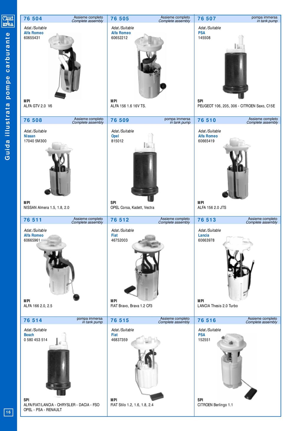 PEUGEOT 106, 205, 306 - CITROEN Saxo, C15E Assieme completo pompa immersa Assieme completo Complete assembly in tank pump Complete assembly 76 508 76 509 76 510 Nissan Opel Alfa Romeo 17040 5M300
