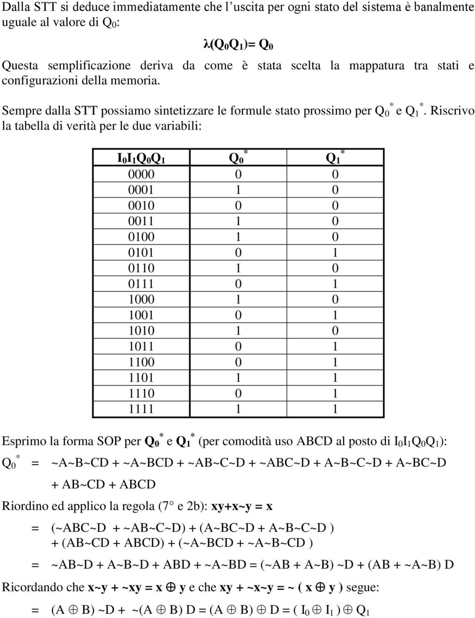 Riscrivo la tabella di verità per le due variabili: I 0 I 1 Q 1 0000 0 0 0001 1 0 0010 0 0 0011 1 0 0100 1 0 0101 0 1 0110 1 0 0111 0 1 1000 1 0 1001 0 1 1010 1 0 1011 0 1 1100 0 1 1101 1 1 1110 0 1