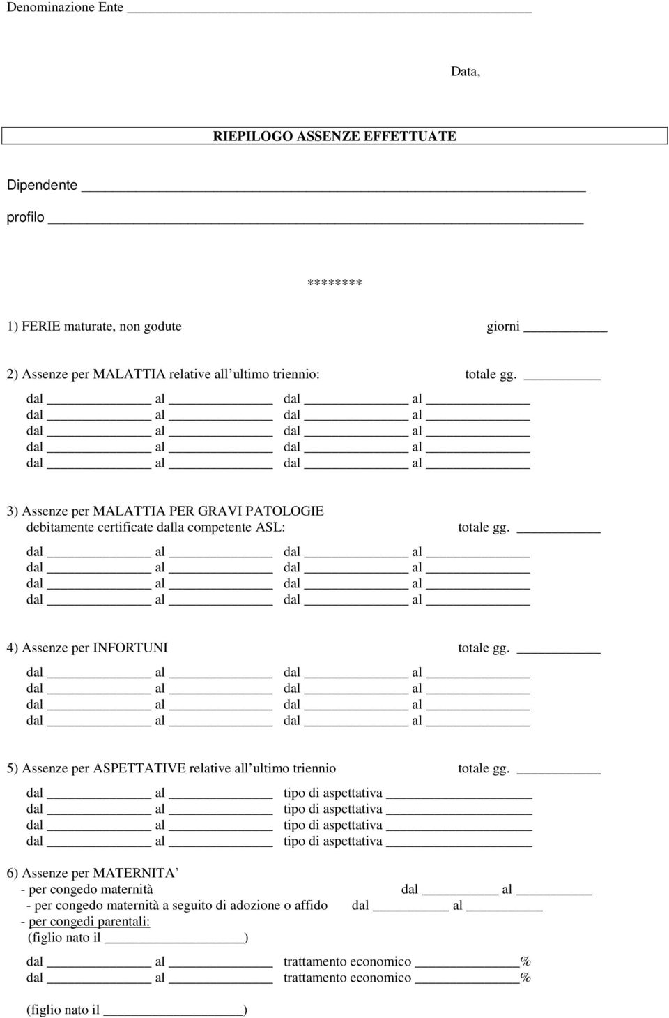 3) Assenze per MALATTIA PER GRAVI PATOLOGIE debitamente certificate dalla competente ASL: 4) Assenze per INFORTUNI 5) Assenze per